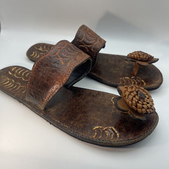 Brown Flower Hand Stitch Embroidered Sandals - Picture 1 of 6